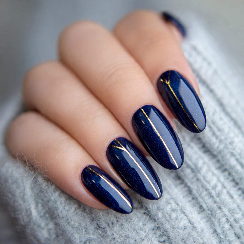 navy blue nails with thin gold lines
