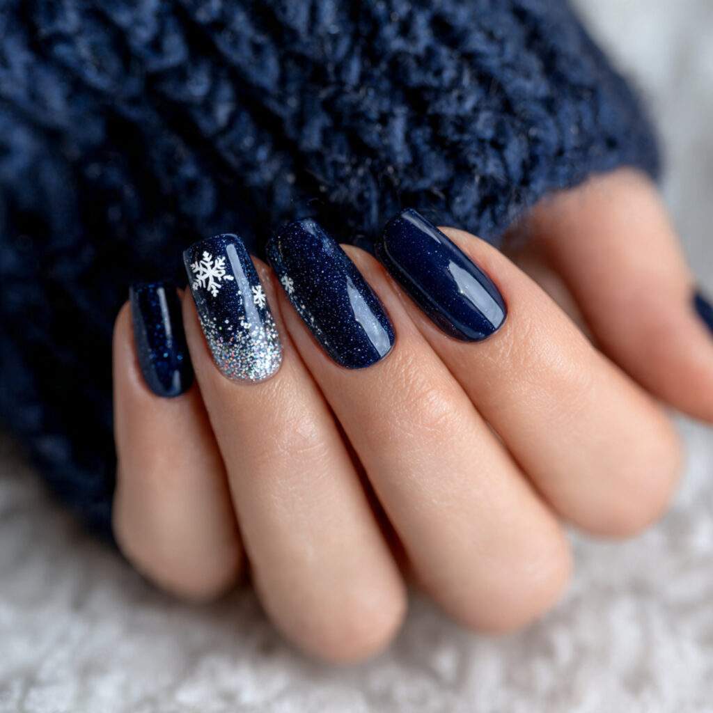 navy blue winter nails with fine shimmer