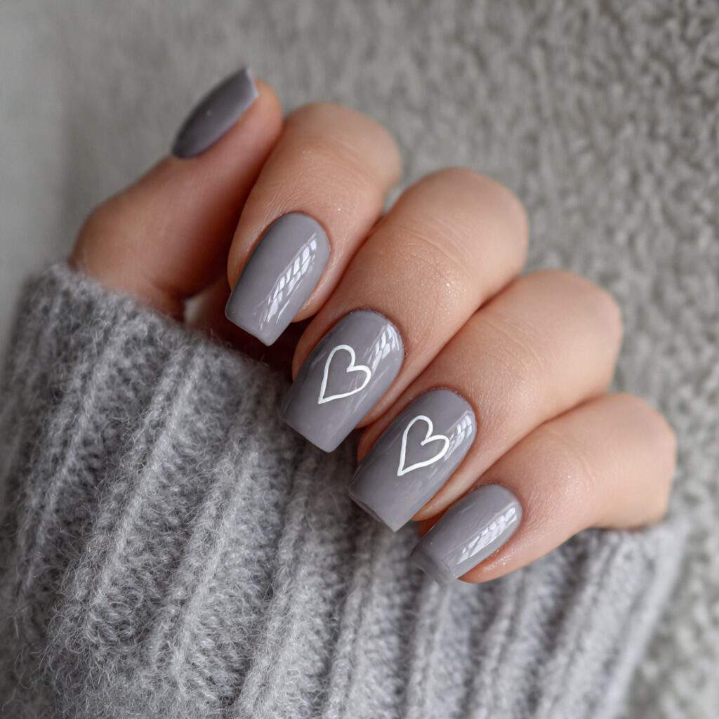 neutral gray nails with micro heart outline
