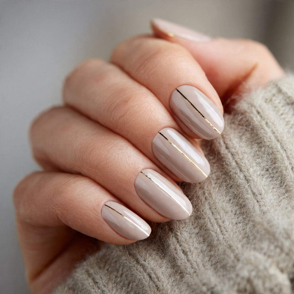 neutral nails with thin gold metallic stripe