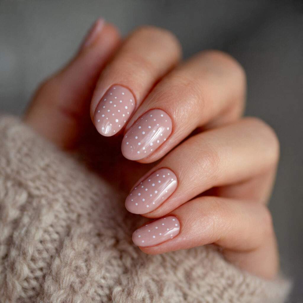 neutral pink nails with tiny double dots