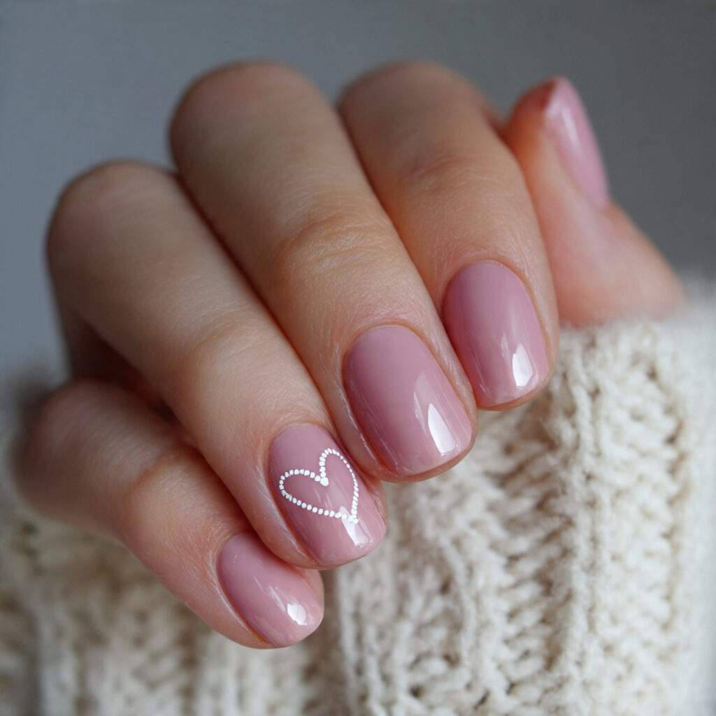 neutral pink nails with tiny heart outline