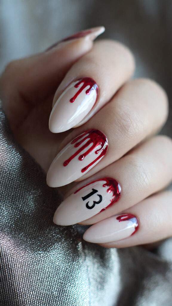 Nude Almond Nails With Blood Drips