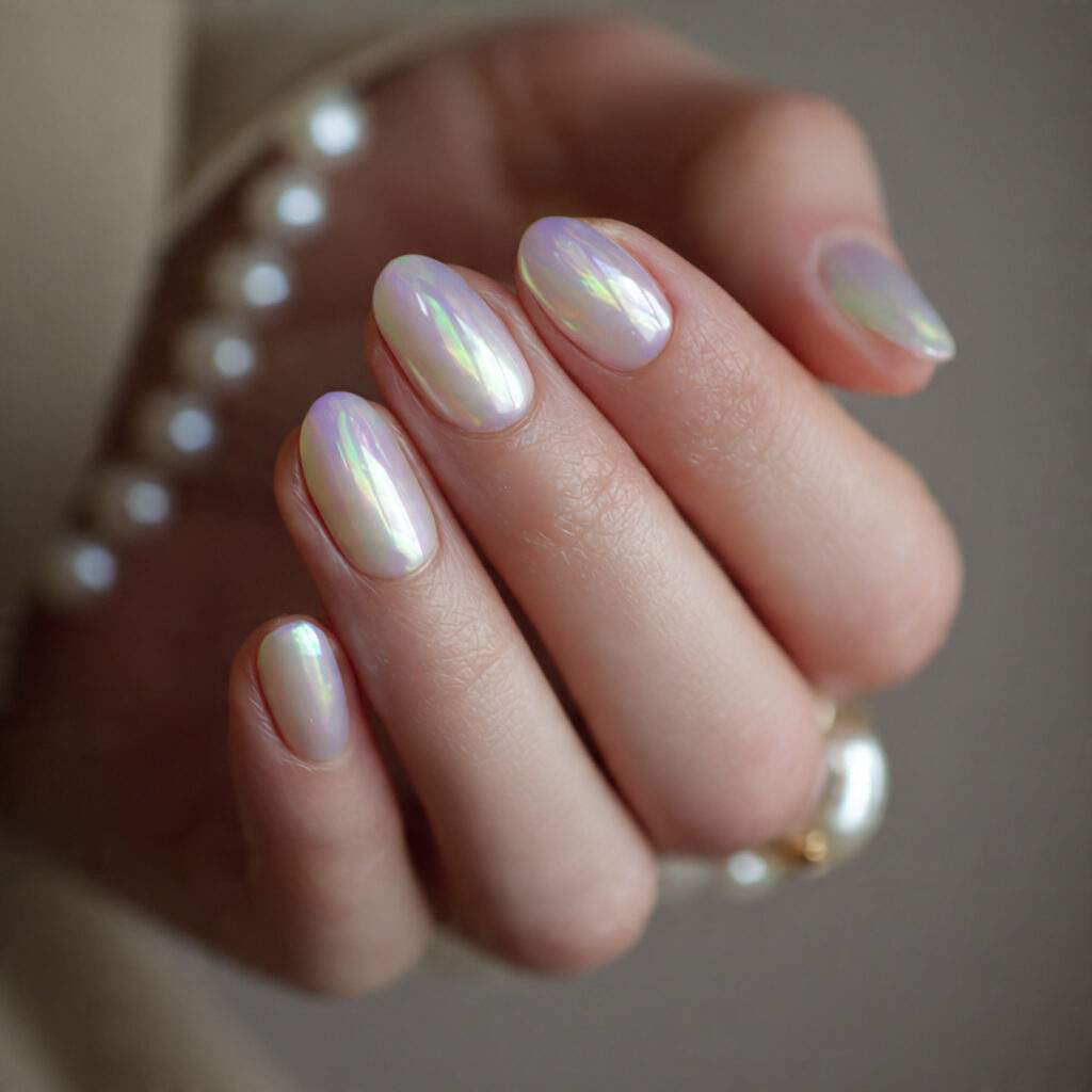 opal inspired nails have a soft glowing finish