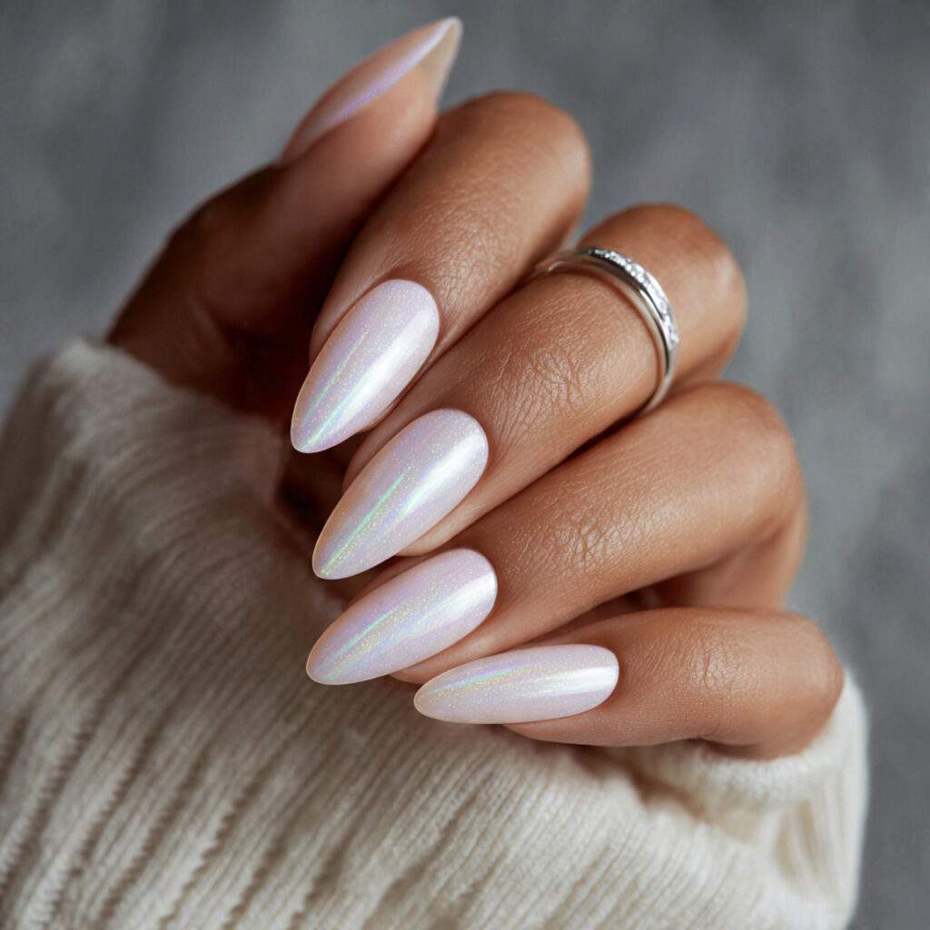 opalescent white nails reflect light beautifully they