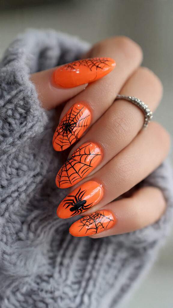 orange jelly nails with black spider web