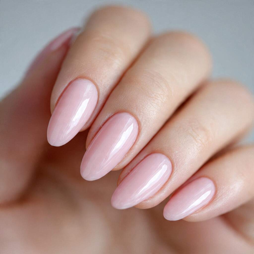 oval shaped nails finished with sheer pink or