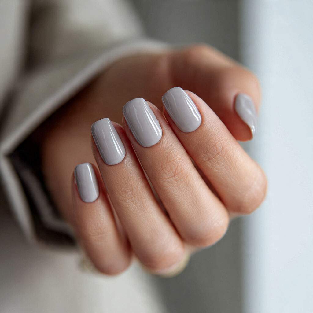 pale gray office nails with a glossy