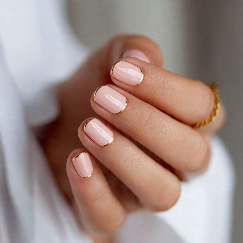 pale peach short nails with thin gold