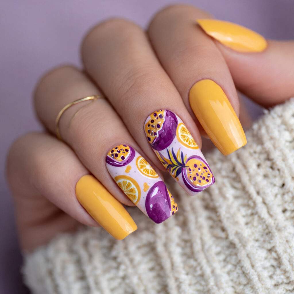 passionfruit nails mix yellow purple and white