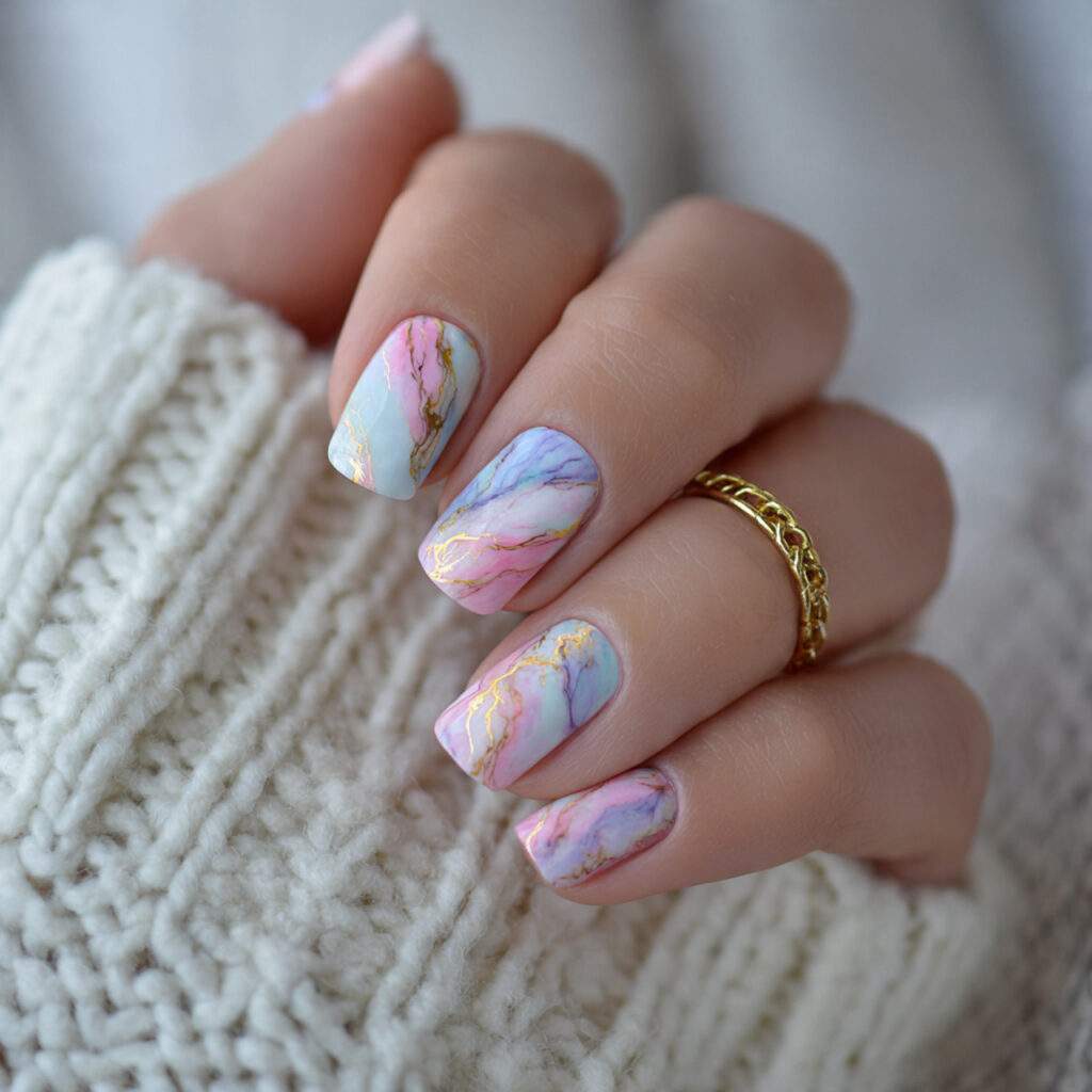 pastel nails with a soft marble effect