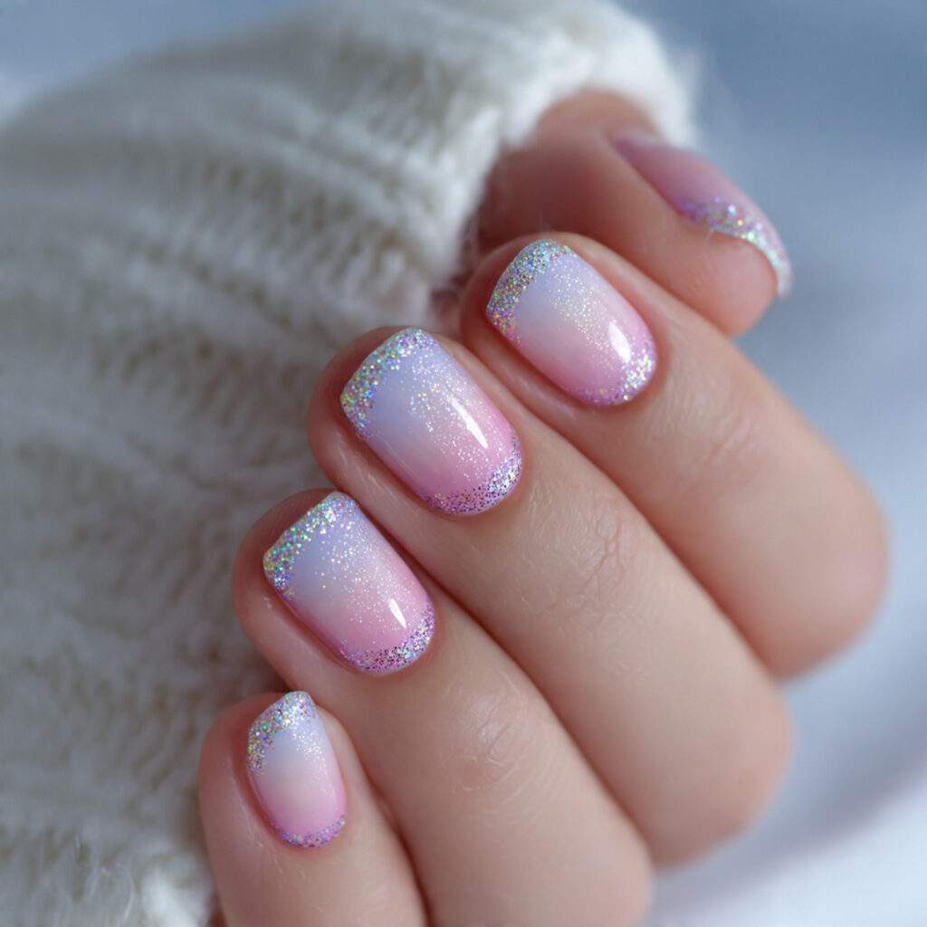 pastel nails with micro glitter tips add