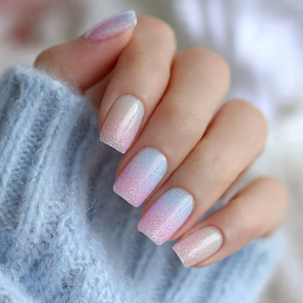 pastel nails with soft glitter overlay add