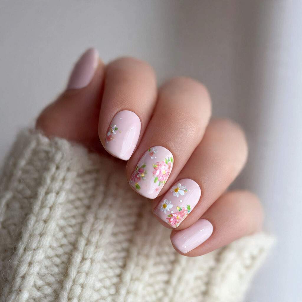 pastel nails with tiny floral accents feel