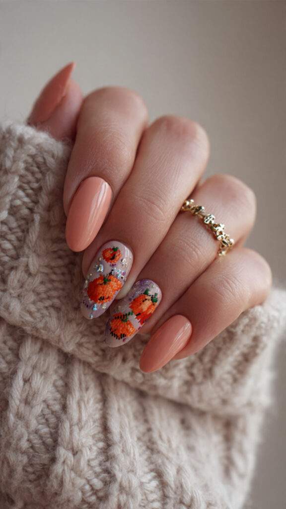 peach almond nails with cartoon pumpkins and