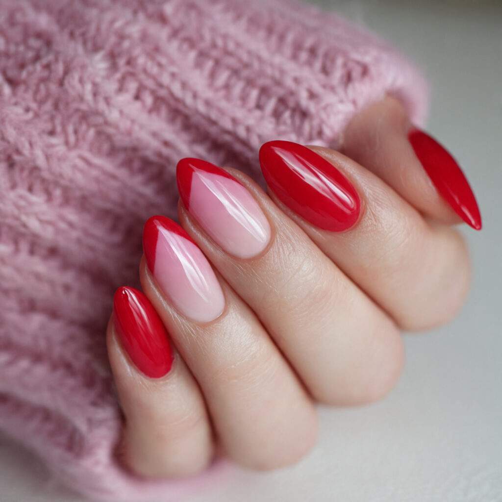 pink and red color block valentine nails
