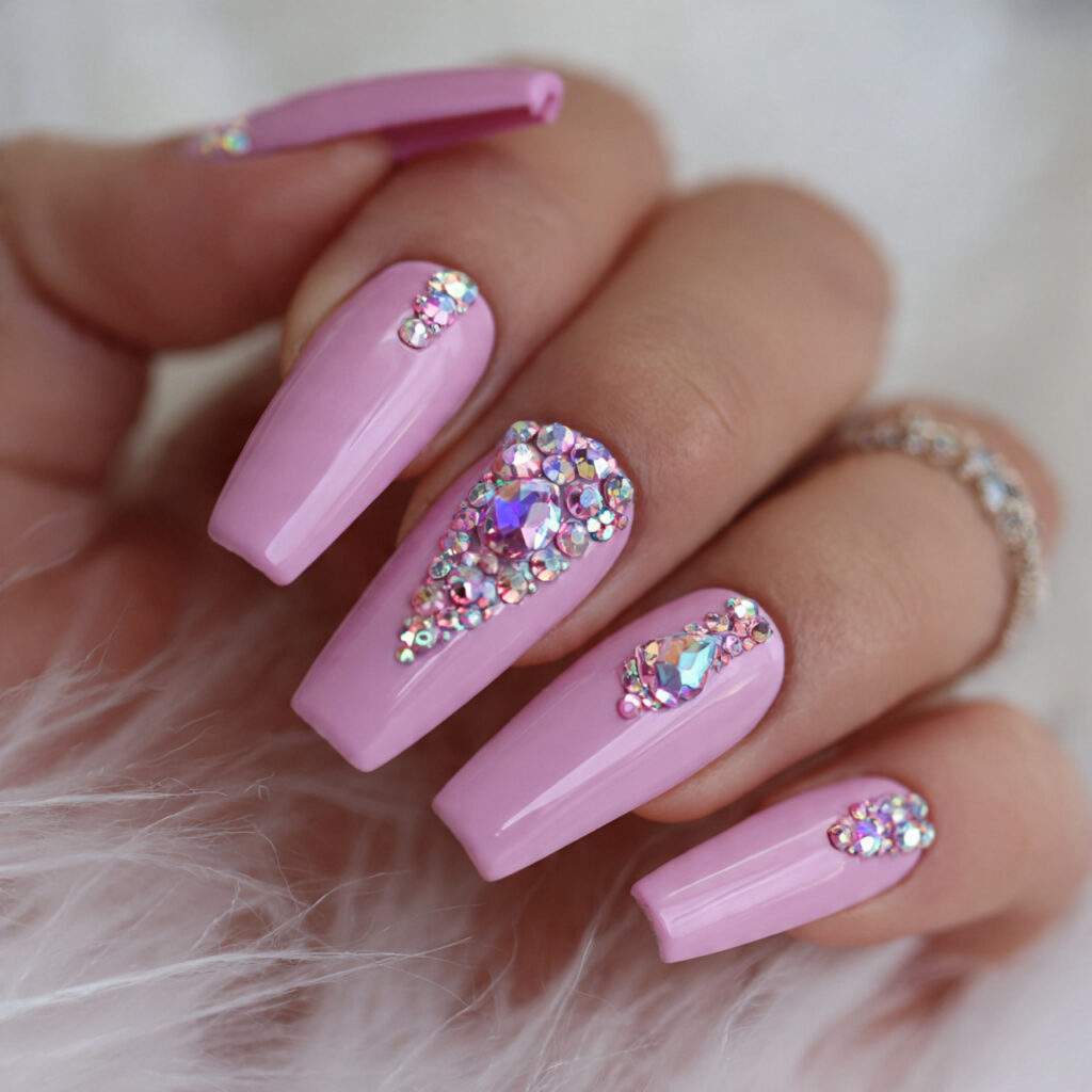 pink coffin nails with rhinestones