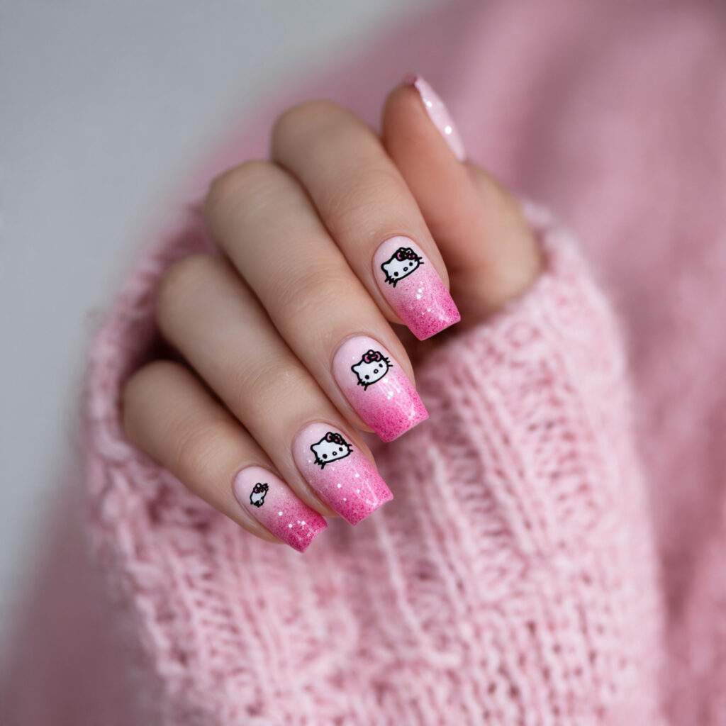 pink ombre nails featuring hello kitty silhouettes