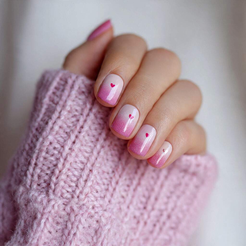 pink ombre nails with small heart details
