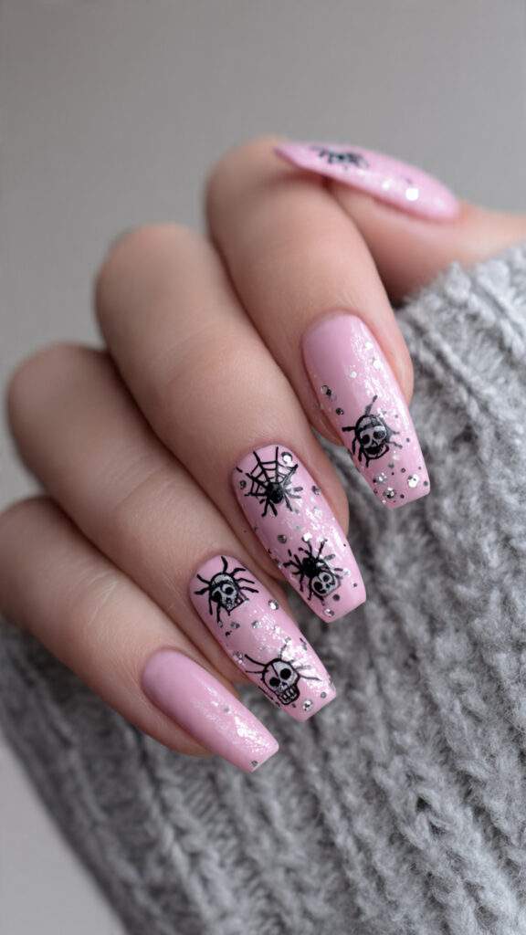 Pink Skull and Spider Coffin Nails