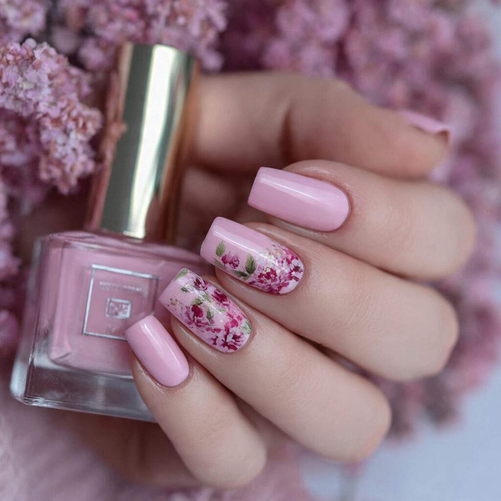 pink valentine nails with floral accents
