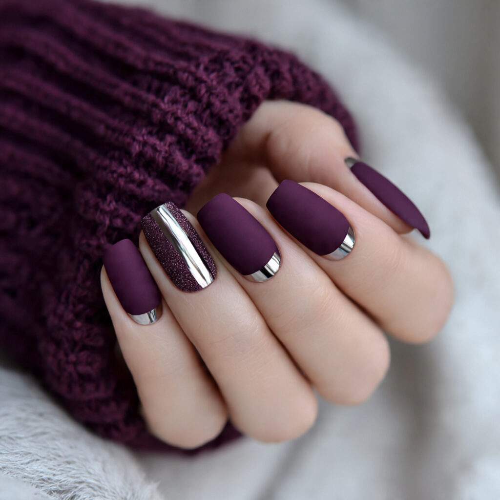 plum matte winter glam nails mix texture
