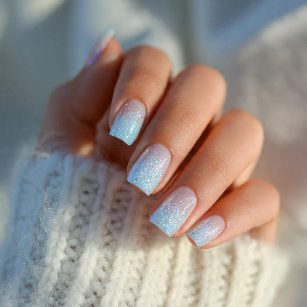 powder blue short nails with subtle iridescent