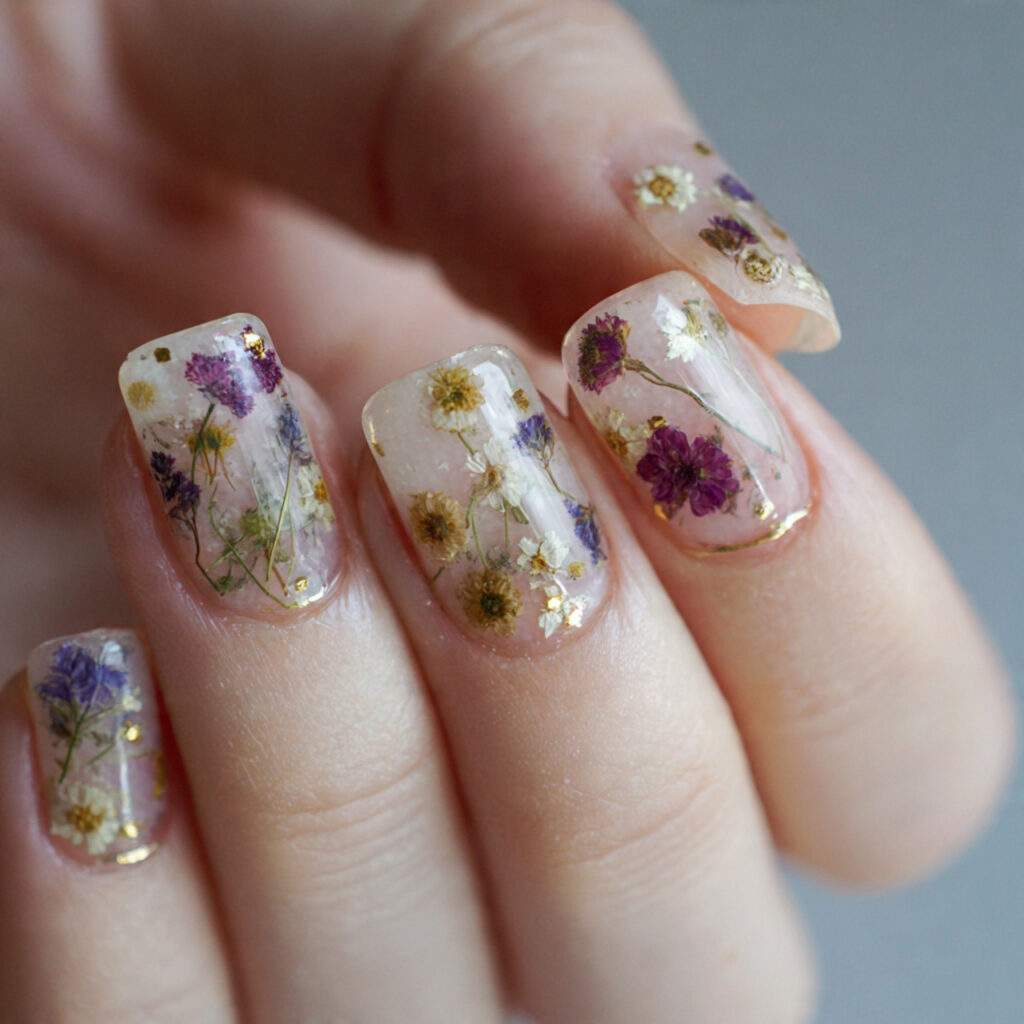 pressed flower nails incorporating actual dried flowers