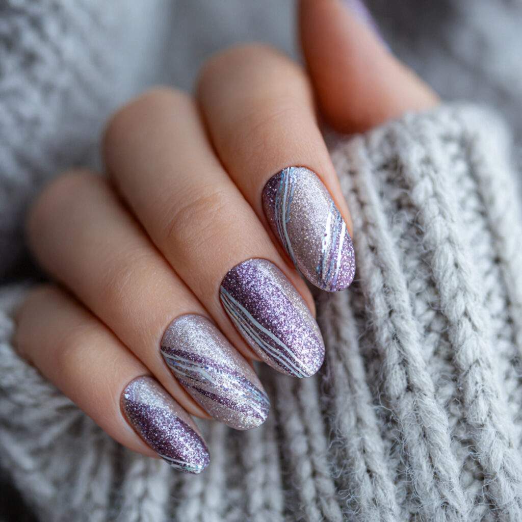 purple and silver winter nails feel cool