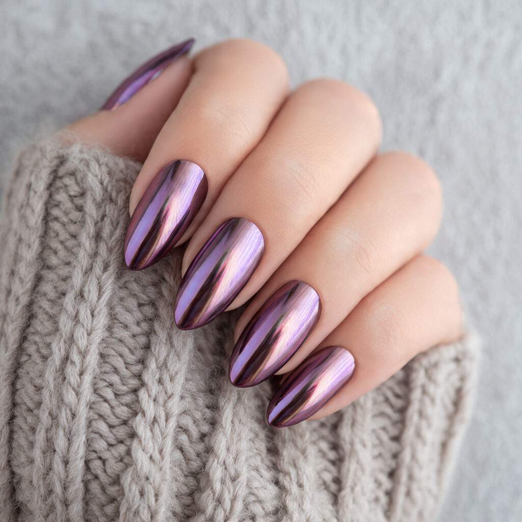 purple chrome winter nails offer a soft