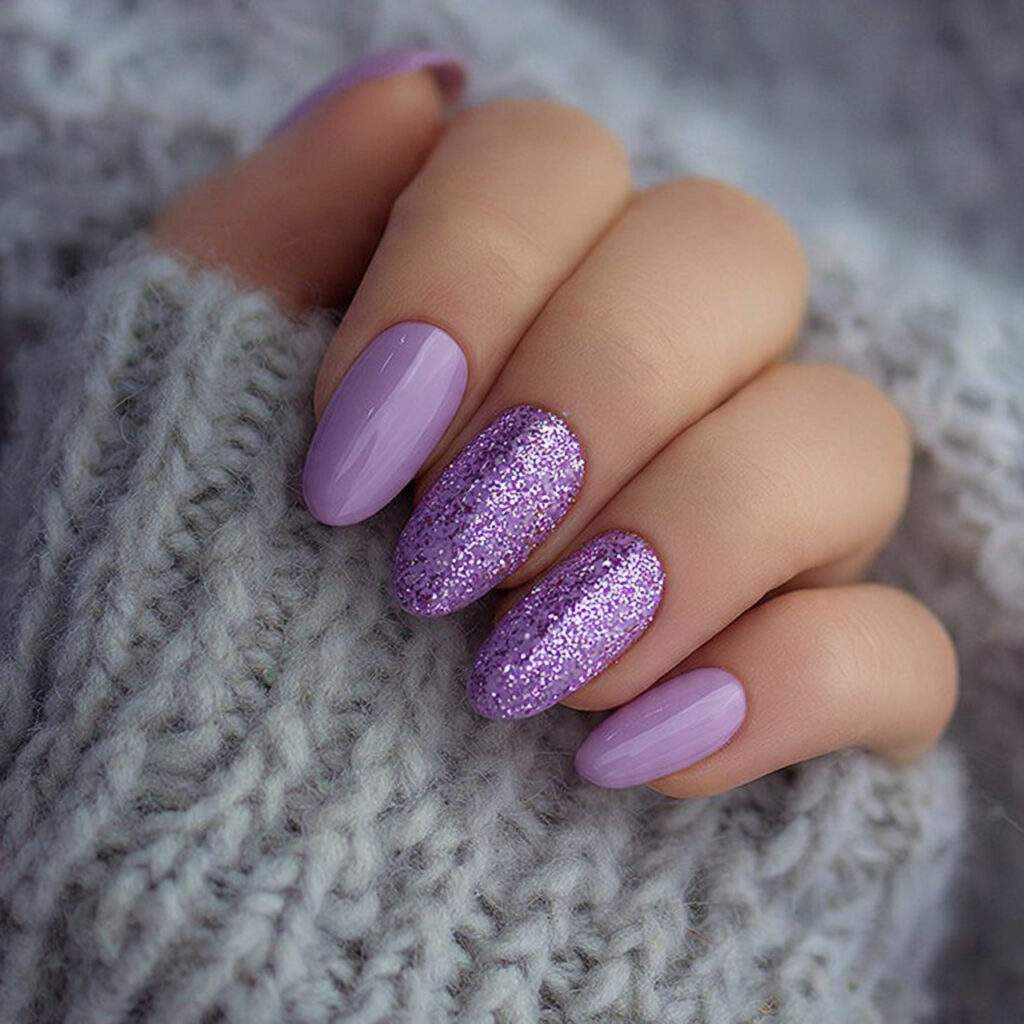 purple glitter accent winter nails add subtle