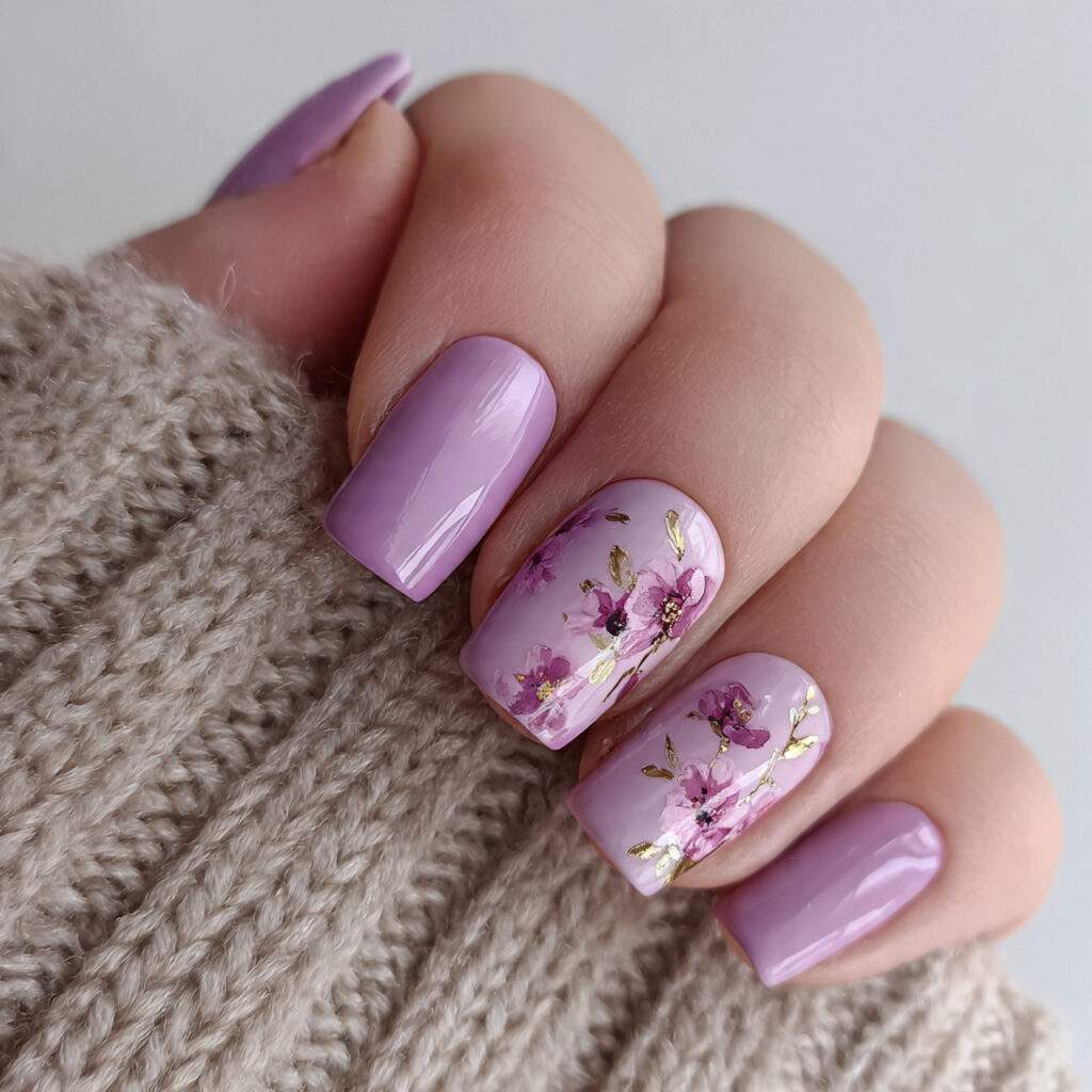 purple nails with soft floral details flowers