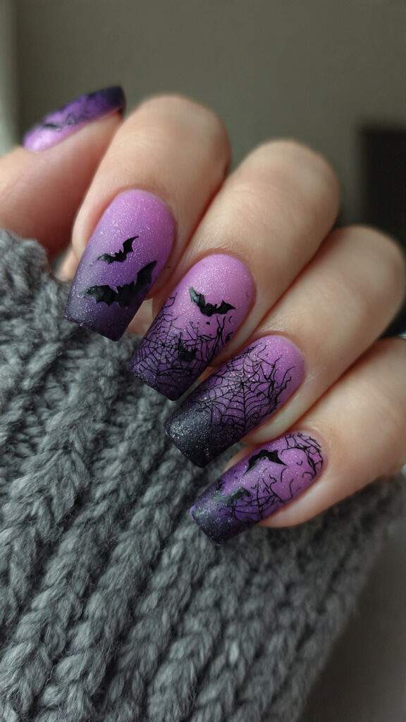 purple ombr square nails with black bat