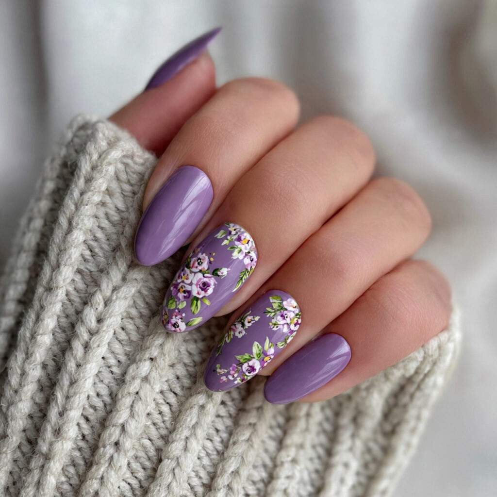 purple winter nails with floral touches feel