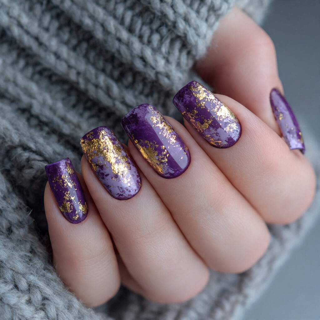 purple winter nails with gold foil add
