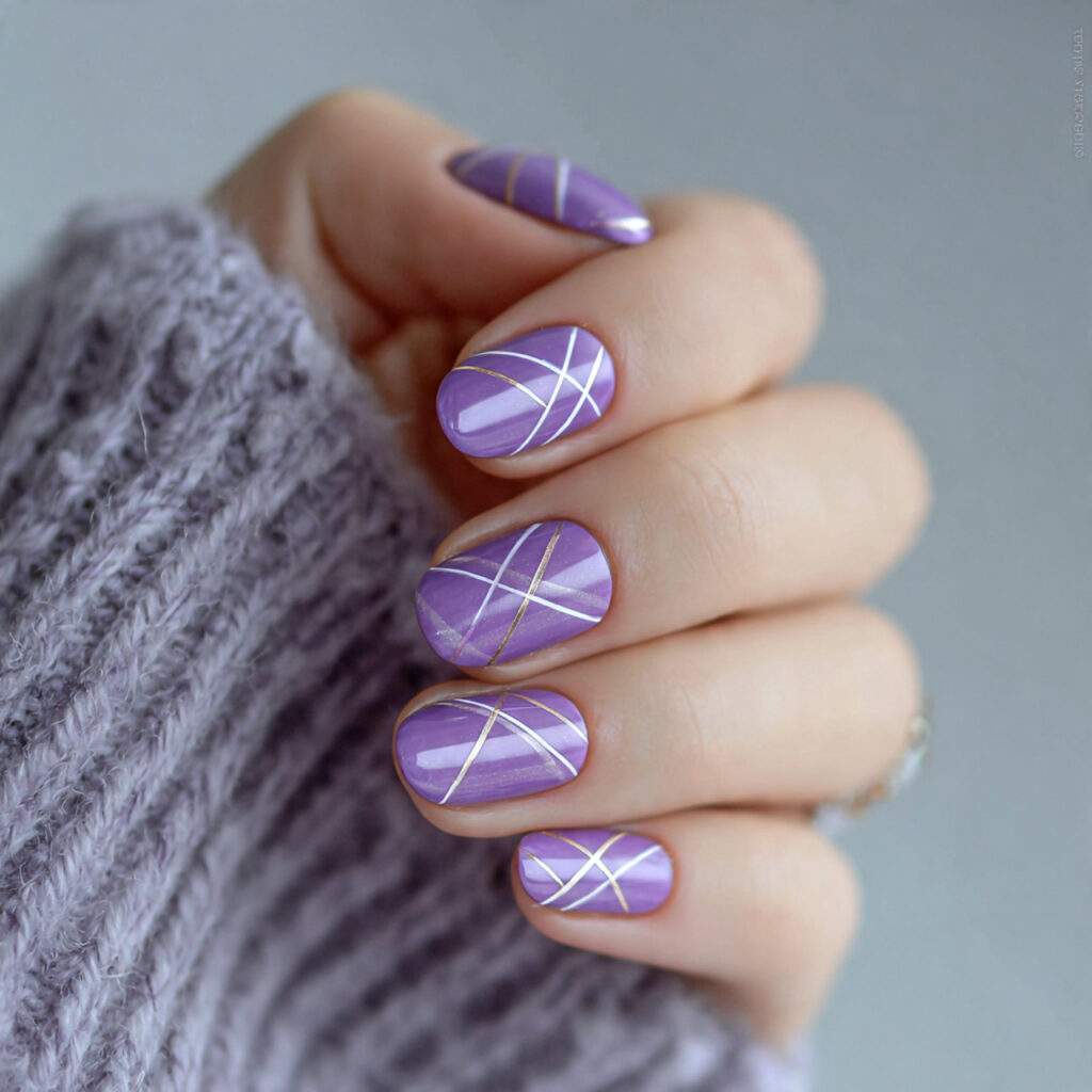 purple winter nails with minimal line art