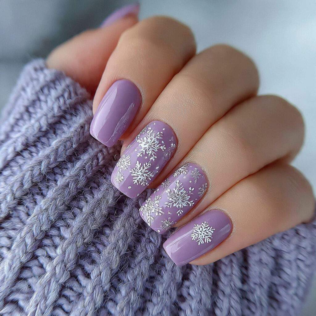 purple winter nails with snowflake details bring