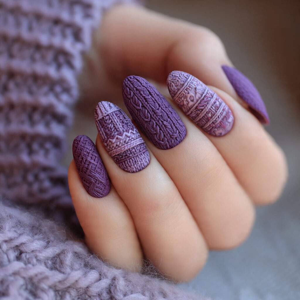 purple winter nails with sweater texture feel