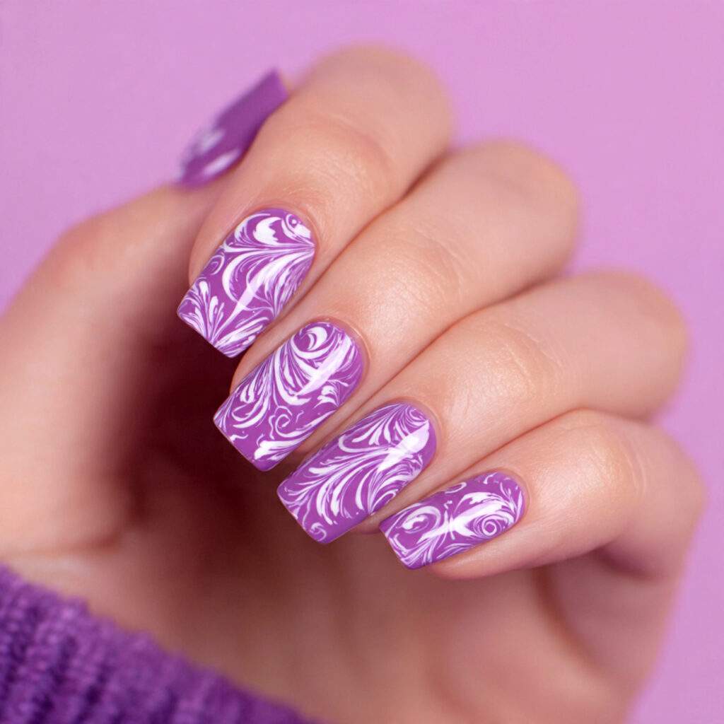 purple winter nails with white swirls feel