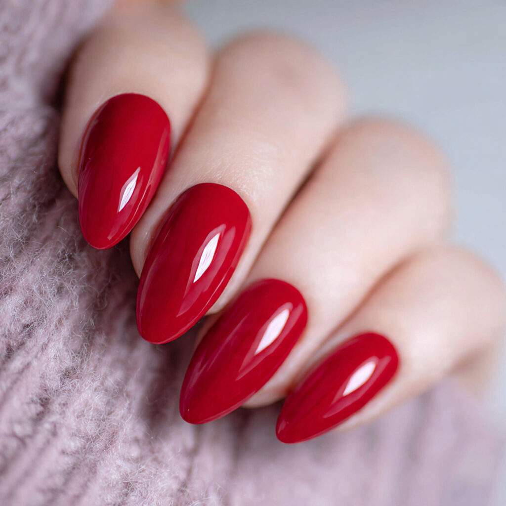 red almond nails with soft shine