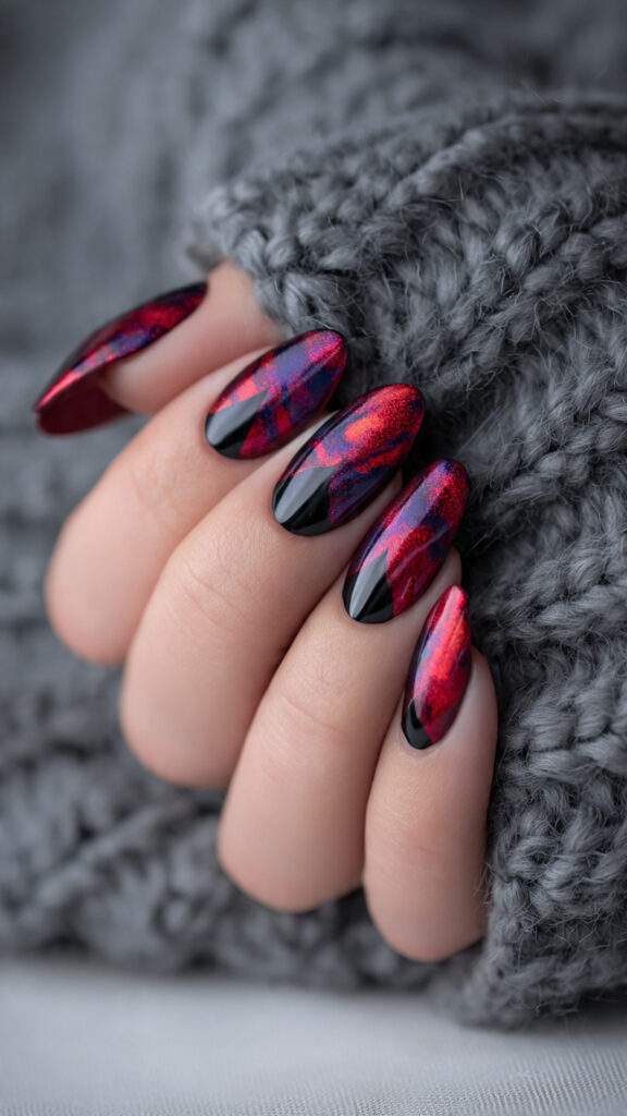 red and purple metallic almond nails with