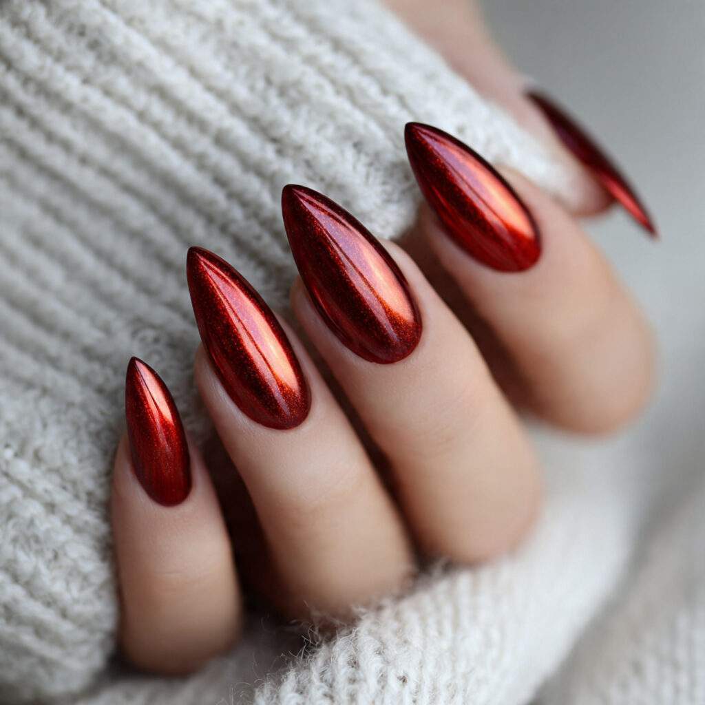 red chrome nails with a fierce shine