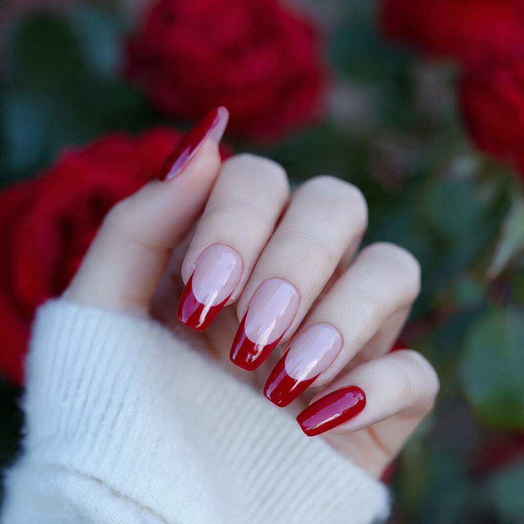 red french tip coffin valentine nails