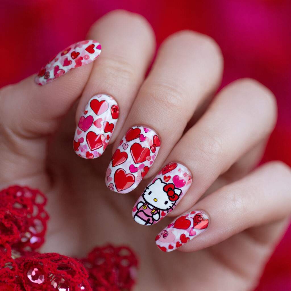 red heart covered nails with hello kitty as