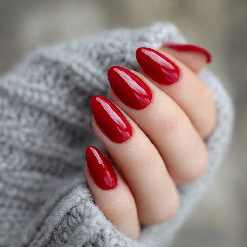 red nails with a clear coat finish