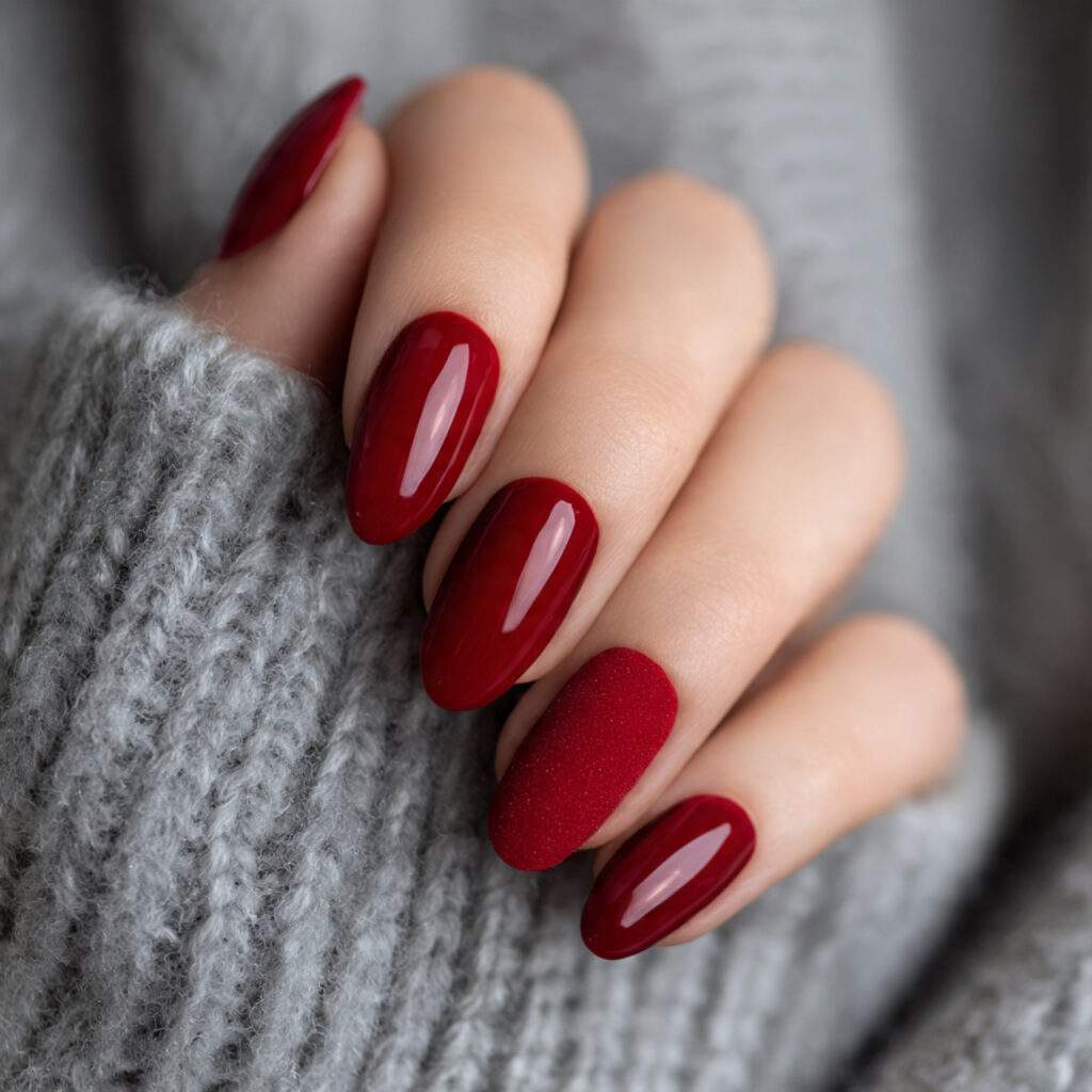 red nails with glossy and matte mix
