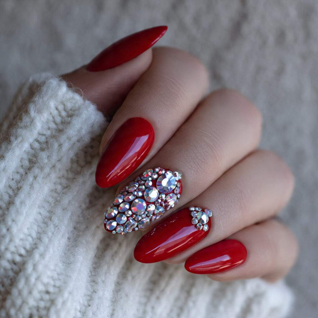 red nails with rhinestone details