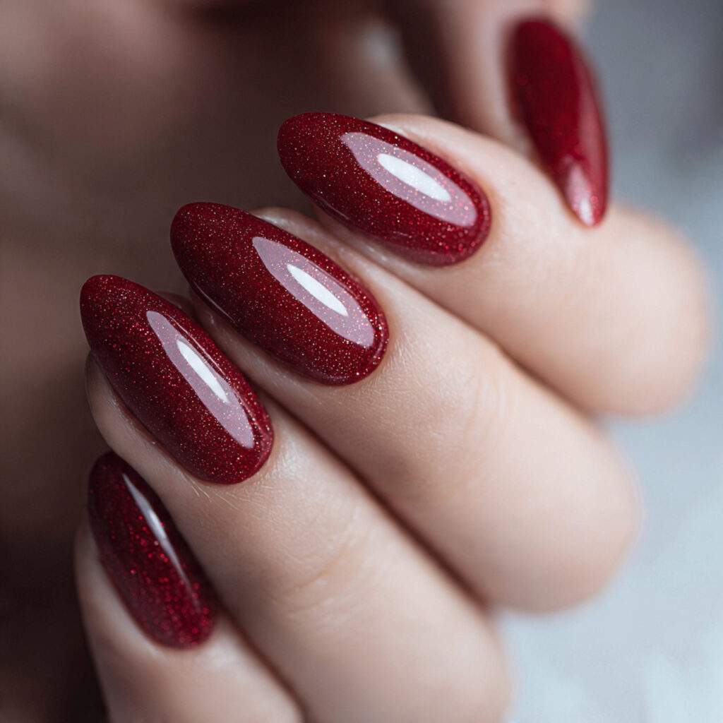 red nails with subtle glitter accents add