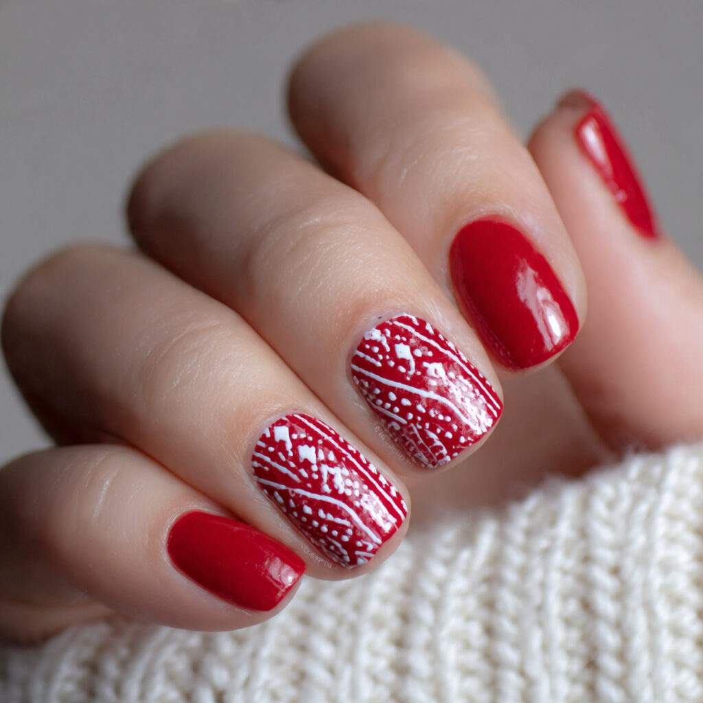 red nails with white accent patterns