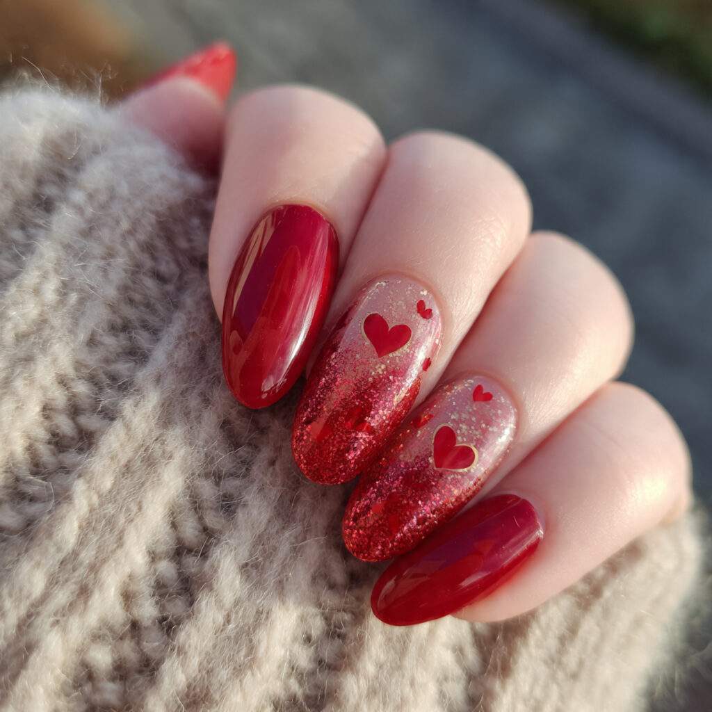 red valentine nails with subtle glitter overlay